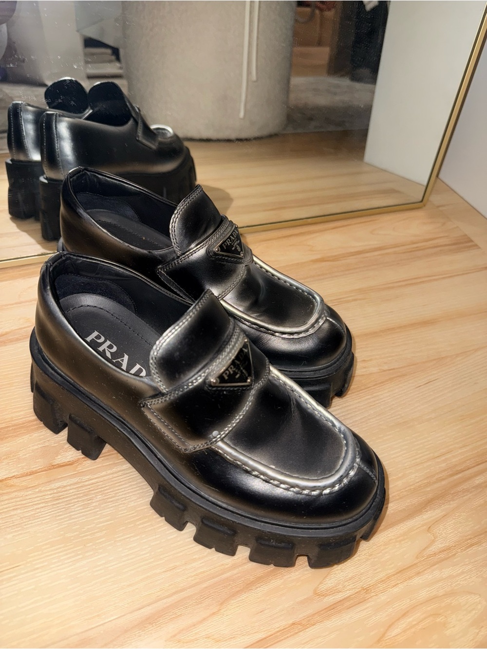 Prada Metallic Black Leather Lug-Sole Penny Loafers - Picture 2 of 8